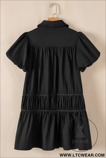 Black button down puff sleeve ruched ruffle hem dress - 15%
