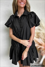 Black button down puff sleeve ruched ruffle hem dress - 15%