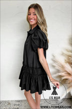 Black button down puff sleeve ruched ruffle hem dress - 15%