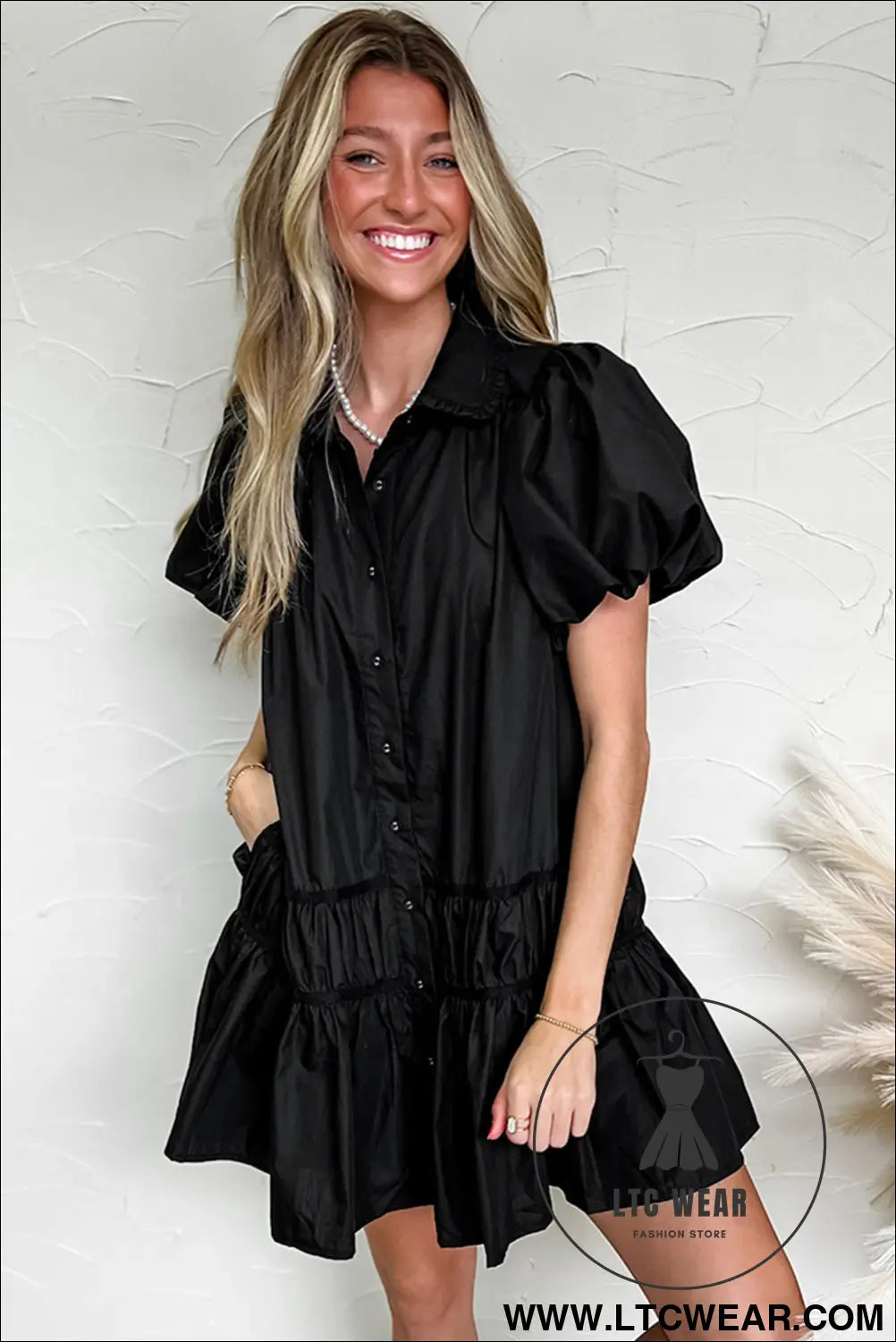 Black button down puff sleeve ruched ruffle hem dress - 15%