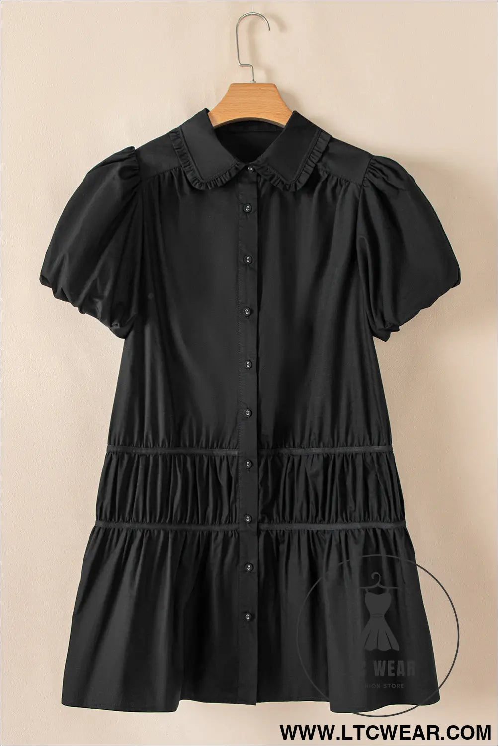 Black button down puff sleeve ruched ruffle hem dress - 15%