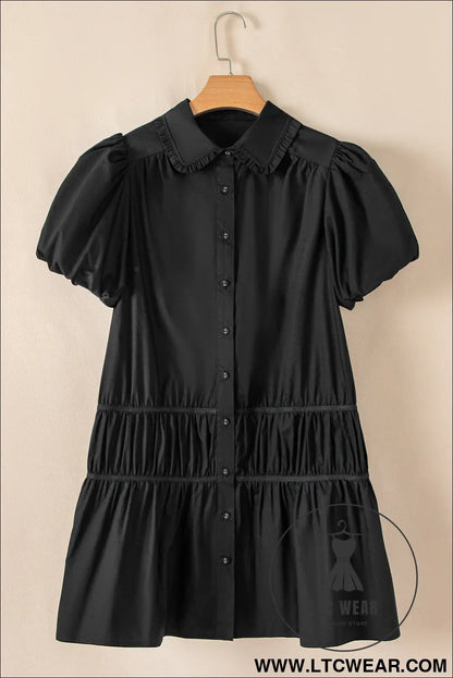 Black button down puff sleeve ruched ruffle hem dress - 15%