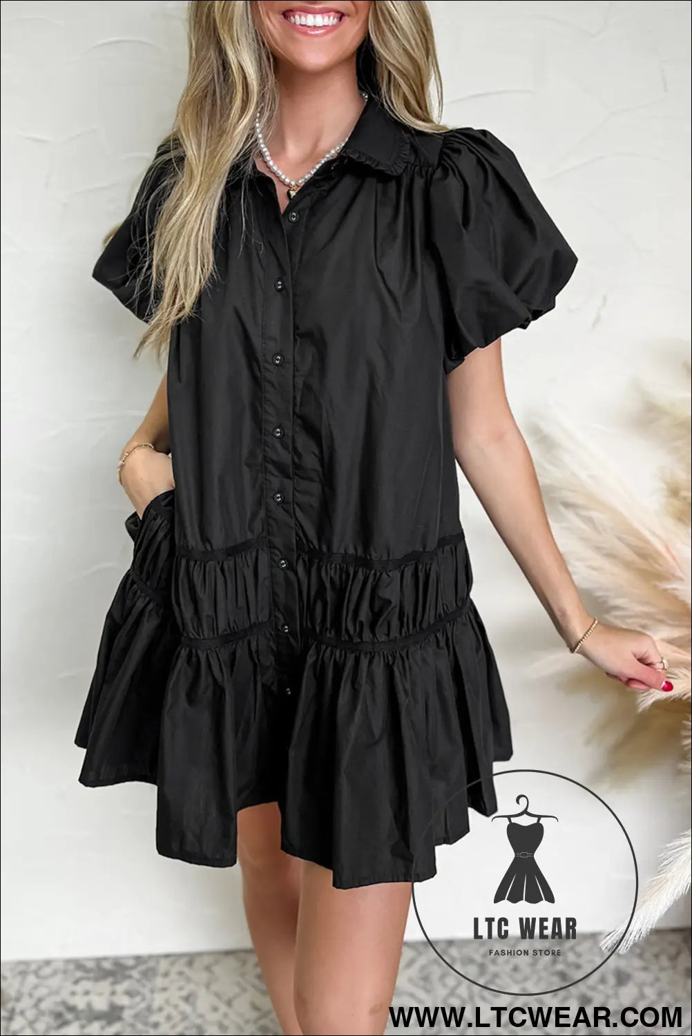 Black button down puff sleeve ruched ruffle hem dress - black / l / 100% cotton - 15%
