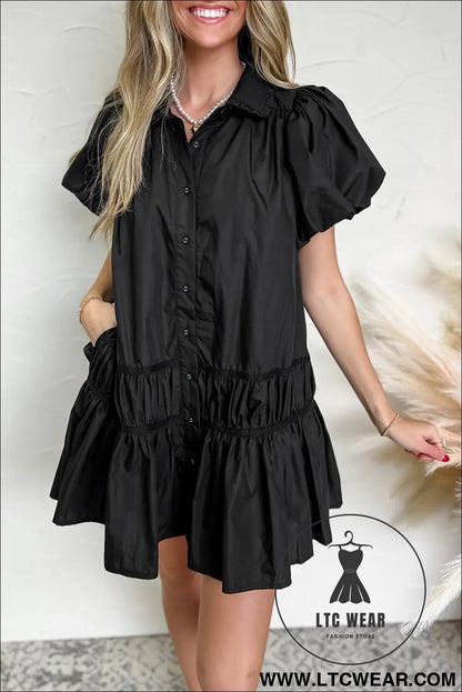 Black button down puff sleeve ruched ruffle hem dress - black / l / 100% cotton - 15%