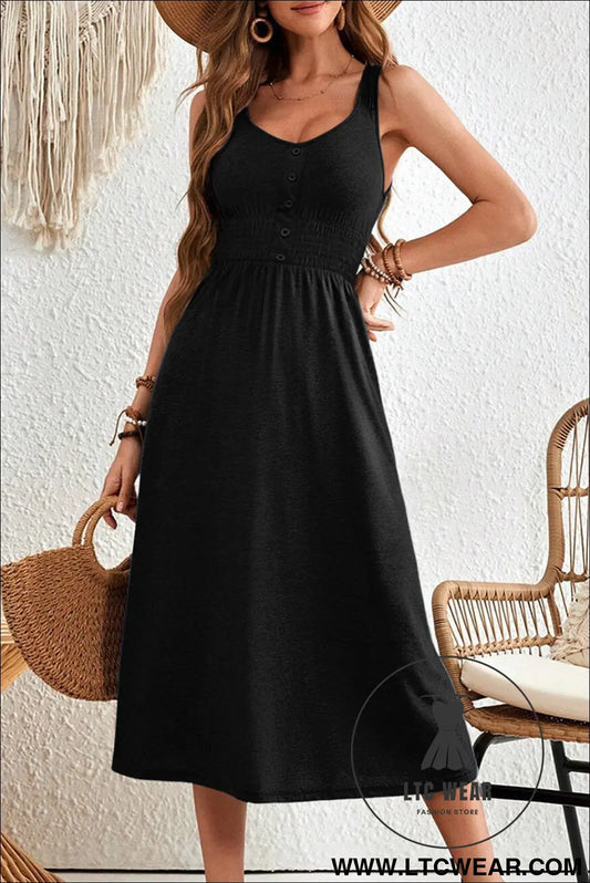Black Button Shirred High Waist Sleeveless Midi Dress