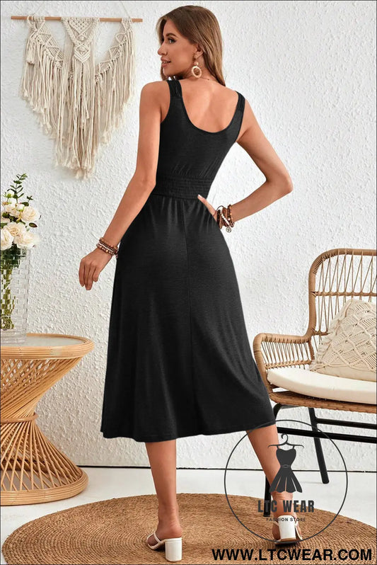 Black Button Shirred High Waist Sleeveless Midi Dress