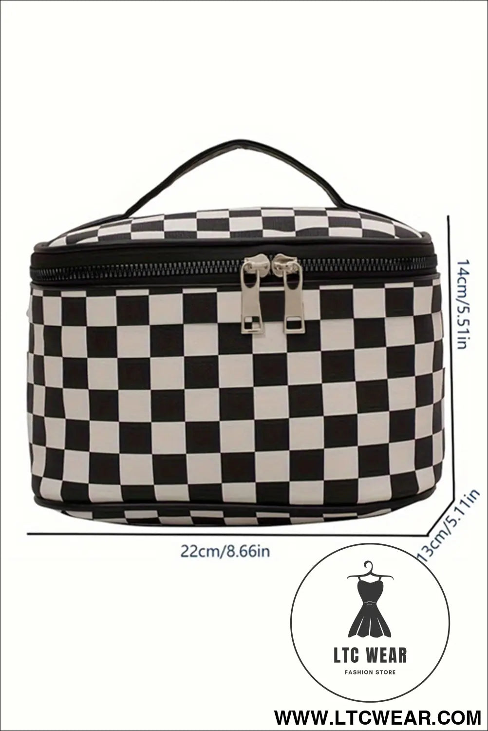 Black checkered zipper large cosmetic bag with handle - black / one size / 100% polyester - makeup bags