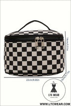 Black checkered zipper large cosmetic bag with handle - black / one size / 100% polyester - makeup bags