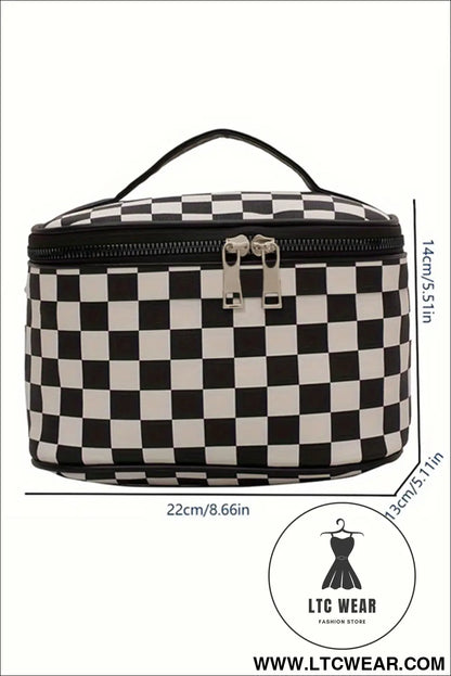 Black checkered zipper large cosmetic bag with handle - black / one size / 100% polyester - makeup bags