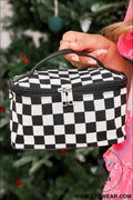 Black checkered zipper large cosmetic bag with handle - black / one size / 100% polyester - makeup bags