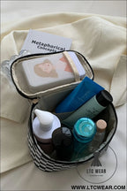 Black checkered zipper large cosmetic bag with handle - black / one size / 100% polyester - makeup bags