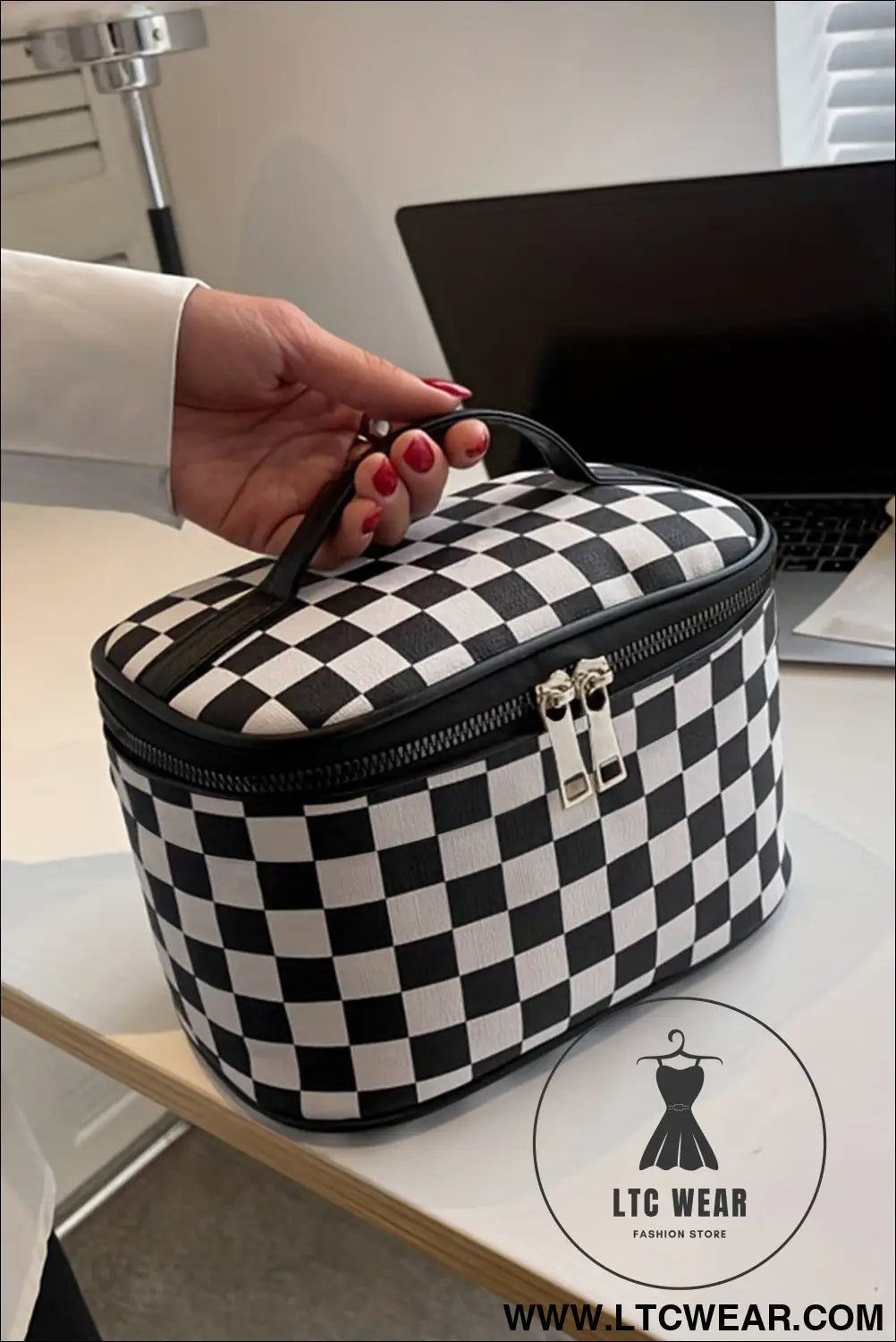 Black checkered zipper large cosmetic bag with handle - black / one size / 100% polyester - makeup bags