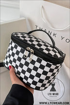 Black checkered zipper large cosmetic bag with handle - black / one size / 100% polyester - makeup bags