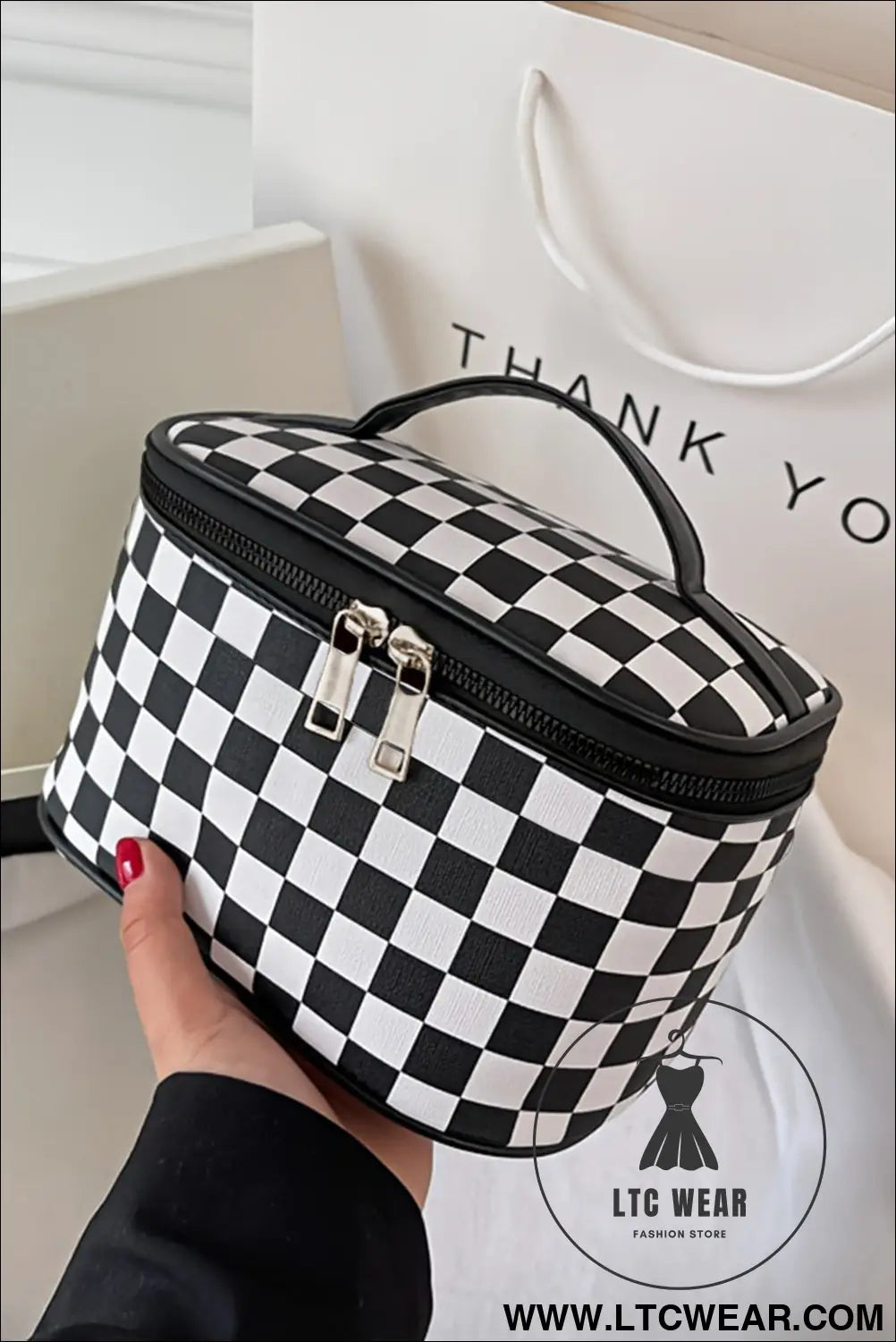 Black checkered zipper large cosmetic bag with handle - black / one size / 100% polyester - makeup bags