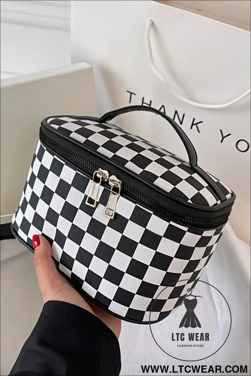 Black checkered zipper large cosmetic bag with handle - black / one size / 100% polyester - makeup bags