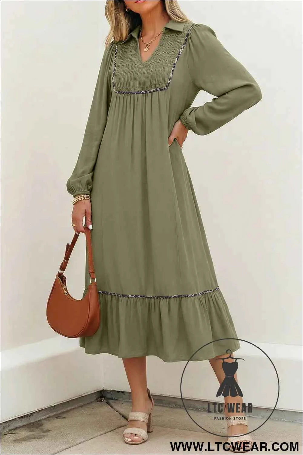 Black Collared V Neck Smocked Detail Contrast Leopard Trim Bracelet Sleeve Long Dress