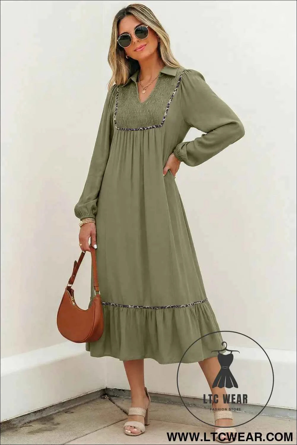Black Collared V Neck Smocked Detail Contrast Leopard Trim Bracelet Sleeve Long Dress