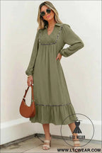 Black Collared V Neck Smocked Detail Contrast Leopard Trim Bracelet Sleeve Long Dress