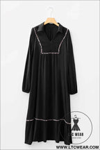 Black Collared V Neck Smocked Detail Contrast Leopard Trim Bracelet Sleeve Long Dress