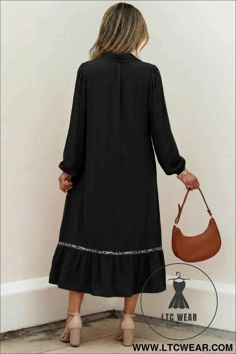 Black Collared V Neck Smocked Detail Contrast Leopard Trim Bracelet Sleeve Long Dress