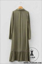 Black Collared V Neck Smocked Detail Contrast Leopard Trim Bracelet Sleeve Long Dress