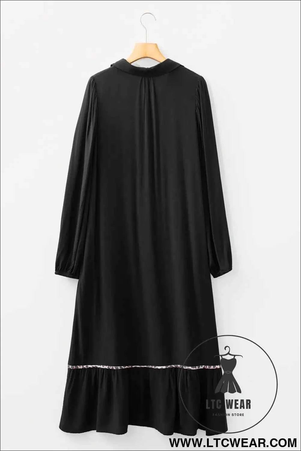 Black Collared V Neck Smocked Detail Contrast Leopard Trim Bracelet Sleeve Long Dress