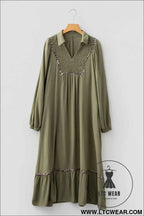 Black Collared V Neck Smocked Detail Contrast Leopard Trim Bracelet Sleeve Long Dress