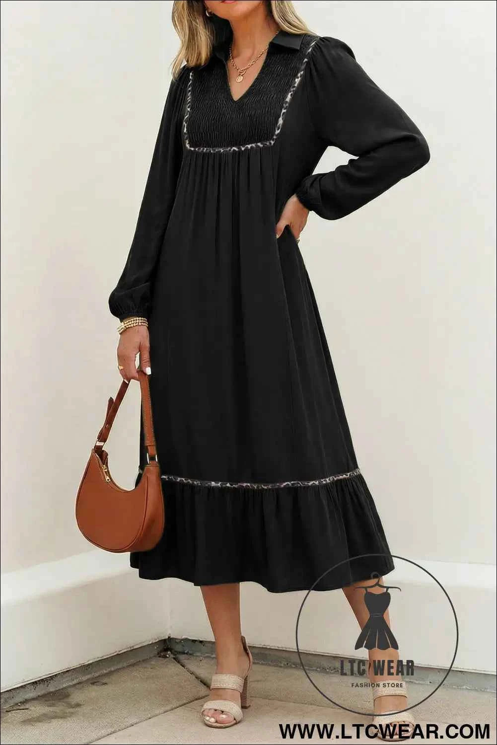 Black Collared V Neck Smocked Detail Contrast Leopard Trim Bracelet Sleeve Long Dress