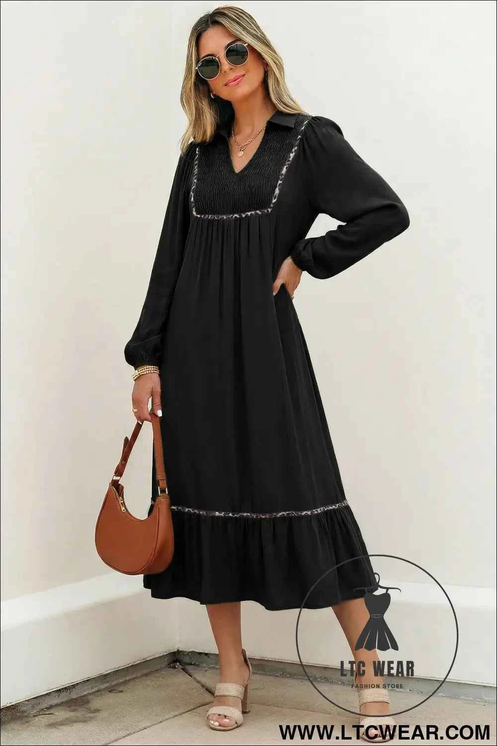 Black Collared V Neck Smocked Detail Contrast Leopard Trim Bracelet Sleeve Long Dress