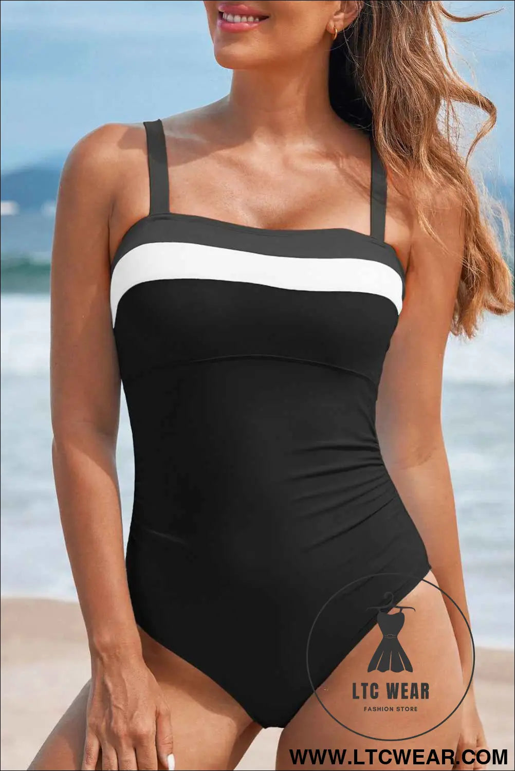 Black Color Block Detail Adjustable Straps One Piece Swimsuit