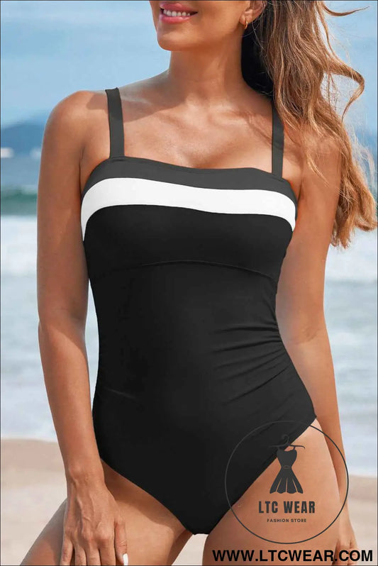 Black Color Block Detail Adjustable Straps One Piece Swimsuit