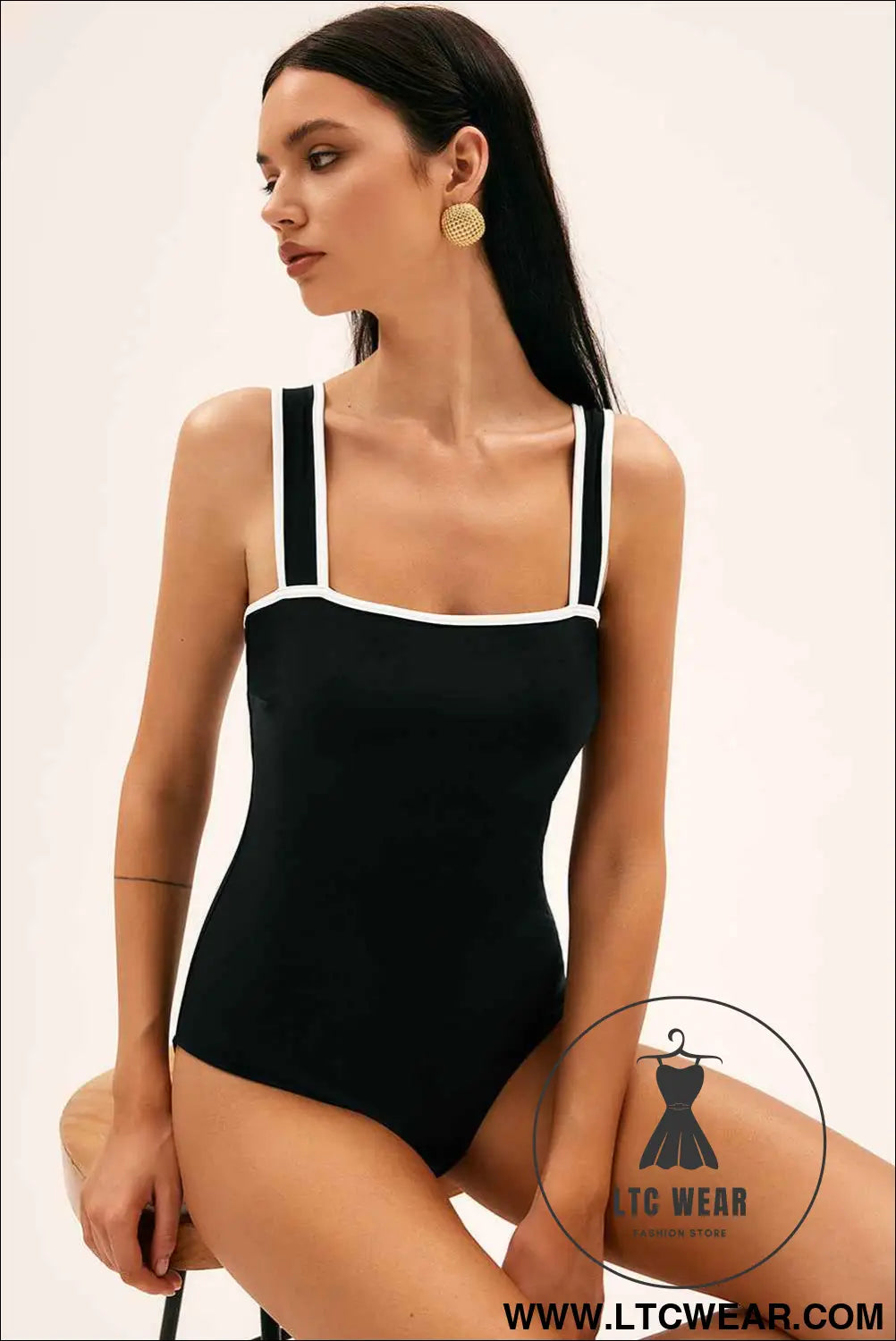 Black Contrast Edge Belted One Piece Swimsuit