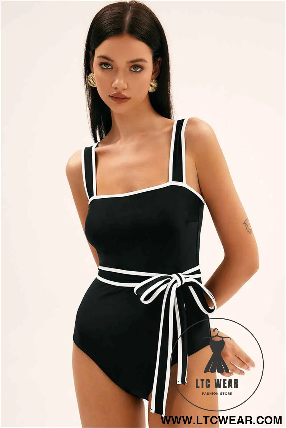 Black Contrast Edge Belted One Piece Swimsuit