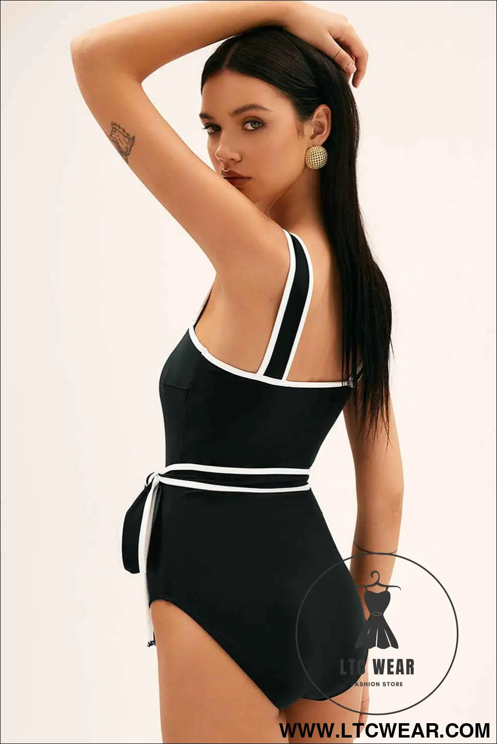 Black Contrast Edge Belted One Piece Swimsuit