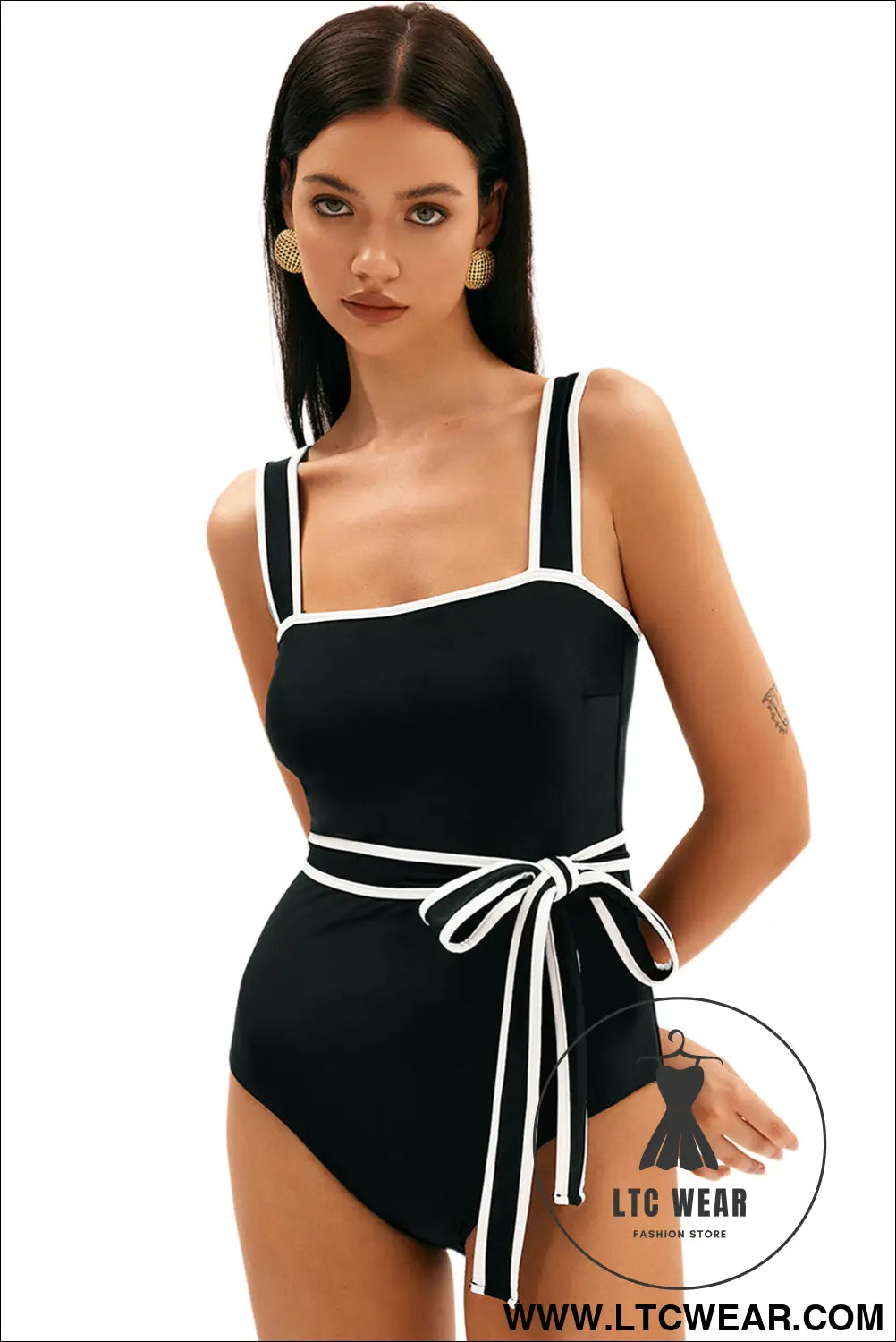 Black Contrast Edge Belted One Piece Swimsuit - L.T.C Wear Online Fashion Store