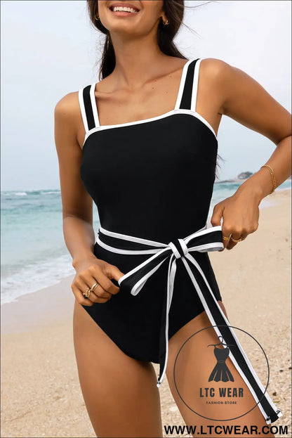 Black Contrast Edge Belted One Piece Swimsuit - L.T.C Wear Online Fashion Store