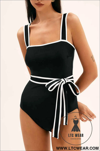 Black Contrast Edge Belted One Piece Swimsuit