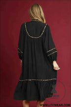 Black Contrast Leopard Trim Split Neck Long Sleeve Casual Midi Dress