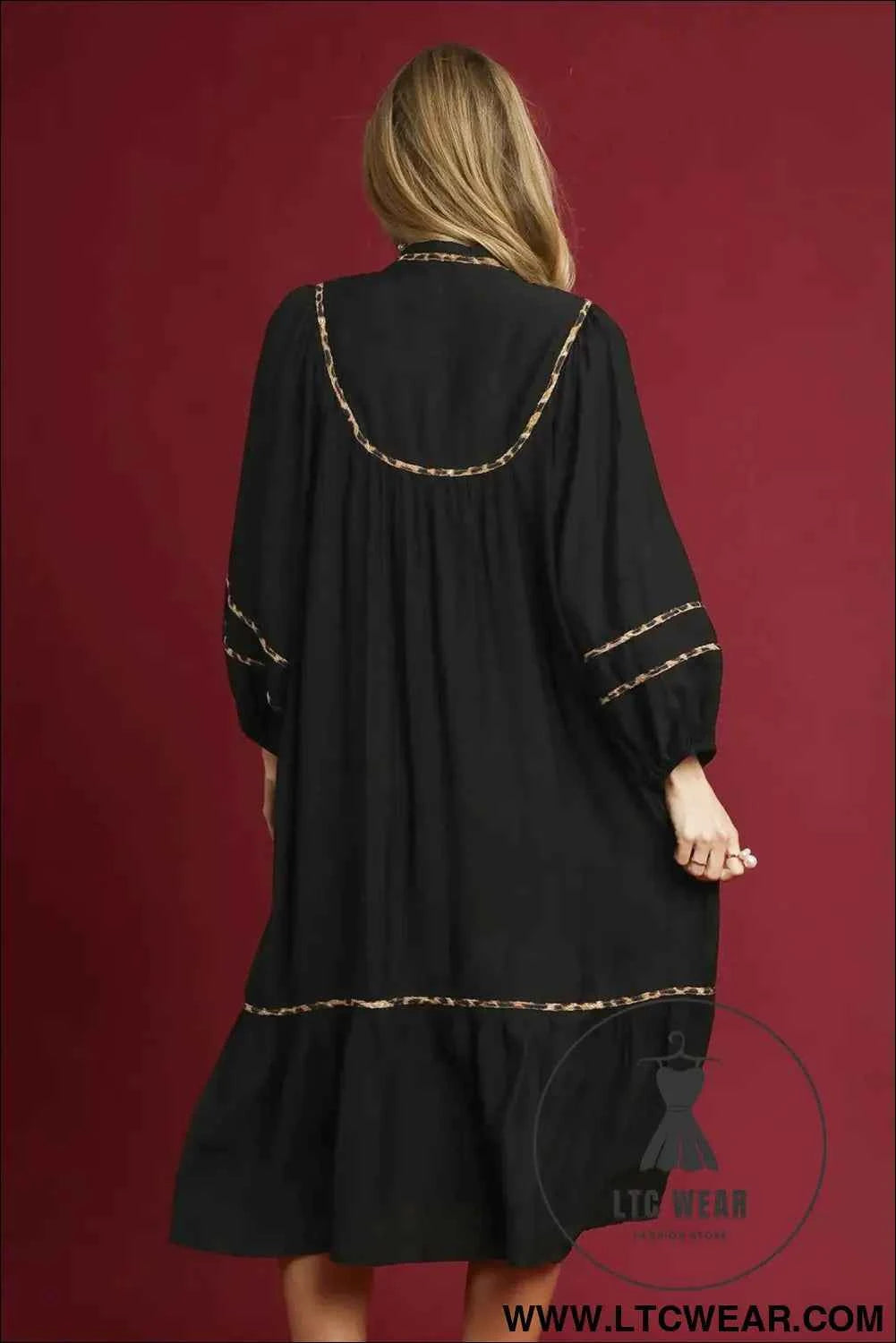 Black Contrast Leopard Trim Split Neck Long Sleeve Casual Midi Dress