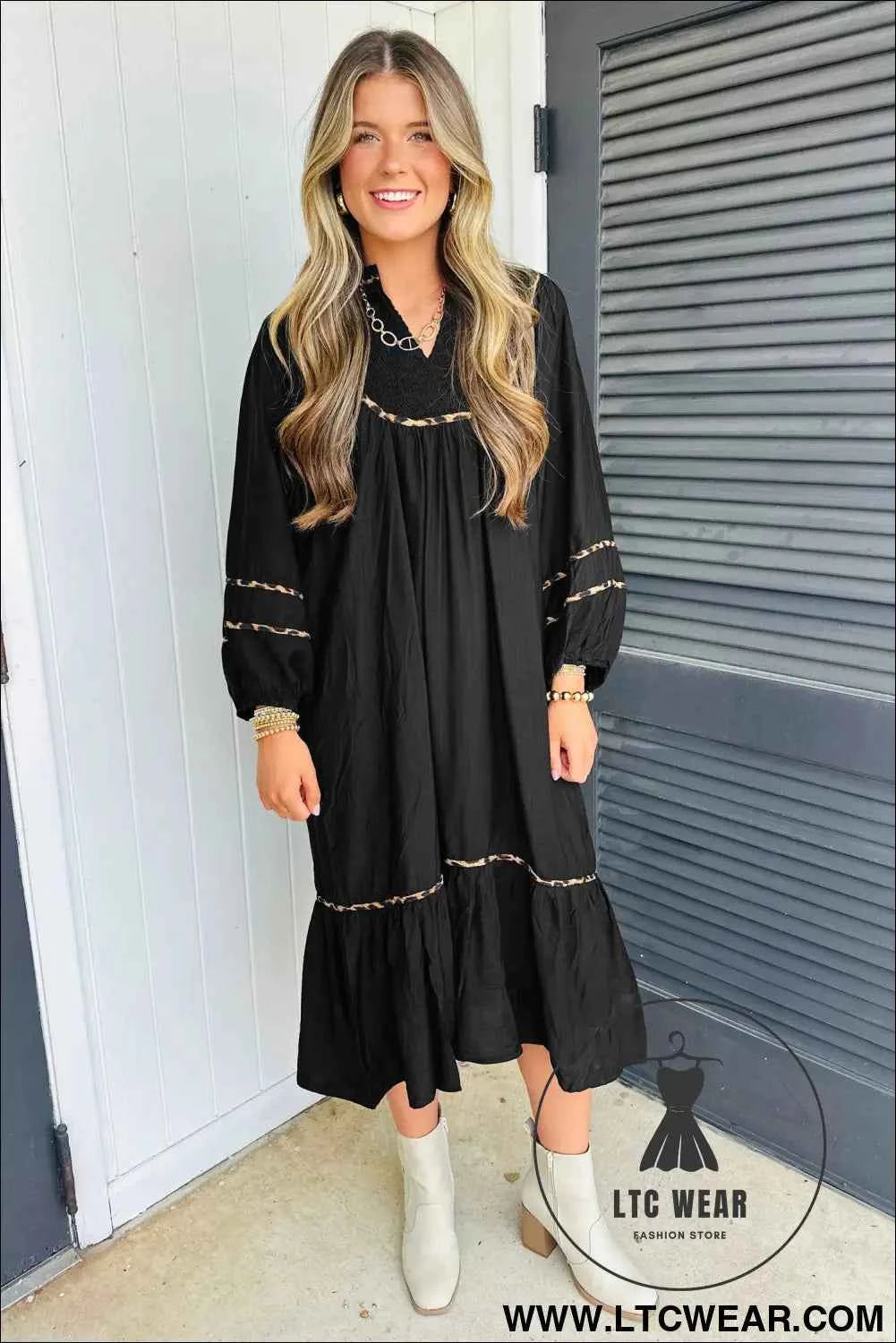 Black Contrast Leopard Trim Split Neck Long Sleeve Casual Midi Dress