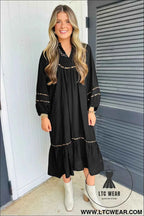 Black Contrast Leopard Trim Split Neck Long Sleeve Casual Midi Dress