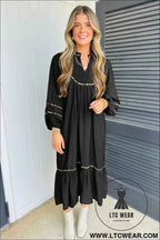 Black Contrast Leopard Trim Split Neck Long Sleeve Casual Midi Dress