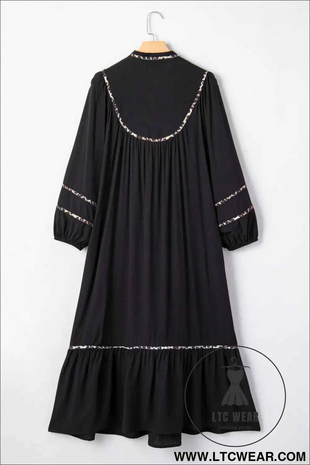 Black Contrast Leopard Trim Split Neck Long Sleeve Casual Midi Dress