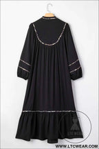 Black Contrast Leopard Trim Split Neck Long Sleeve Casual Midi Dress