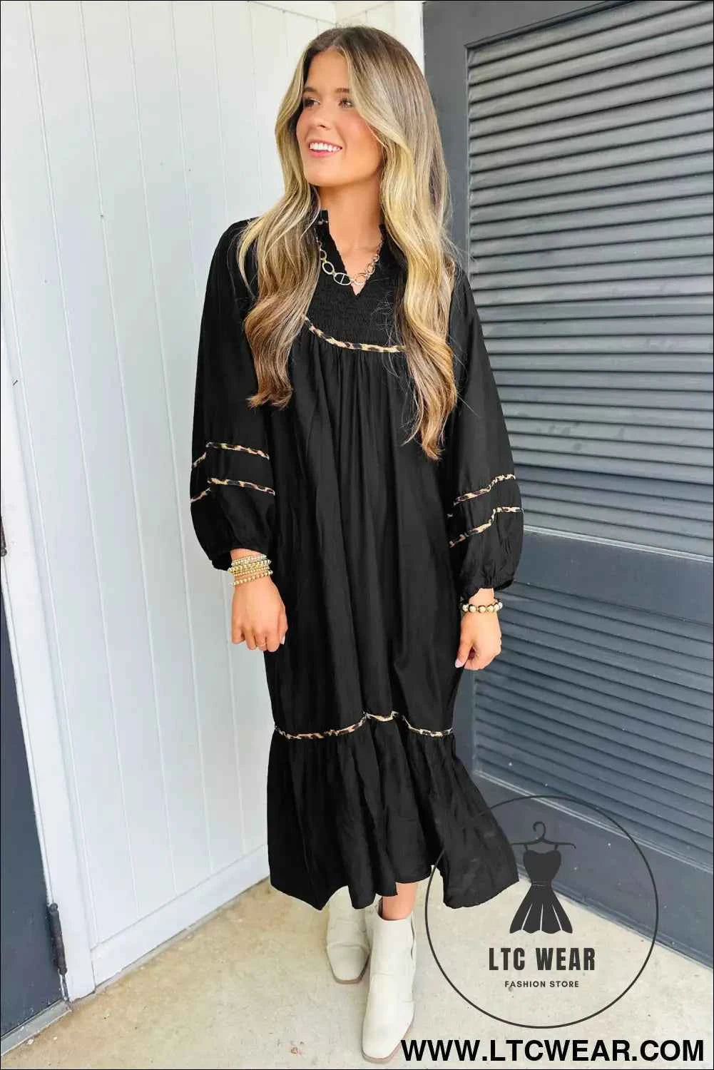 Black Contrast Leopard Trim Split Neck Long Sleeve Casual Midi Dress