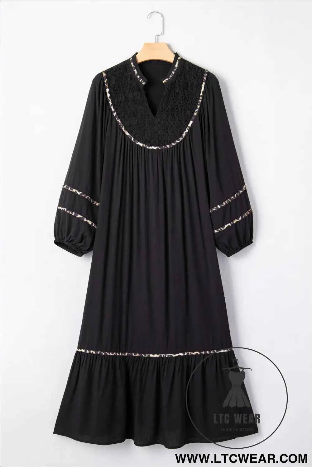 Black Contrast Leopard Trim Split Neck Long Sleeve Casual Midi Dress