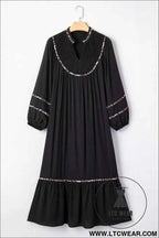 Black Contrast Leopard Trim Split Neck Long Sleeve Casual Midi Dress