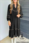 Black Contrast Leopard Trim Split Neck Long Sleeve Casual Midi Dress