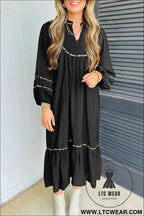 Black Contrast Leopard Trim Split Neck Long Sleeve Casual Midi Dress