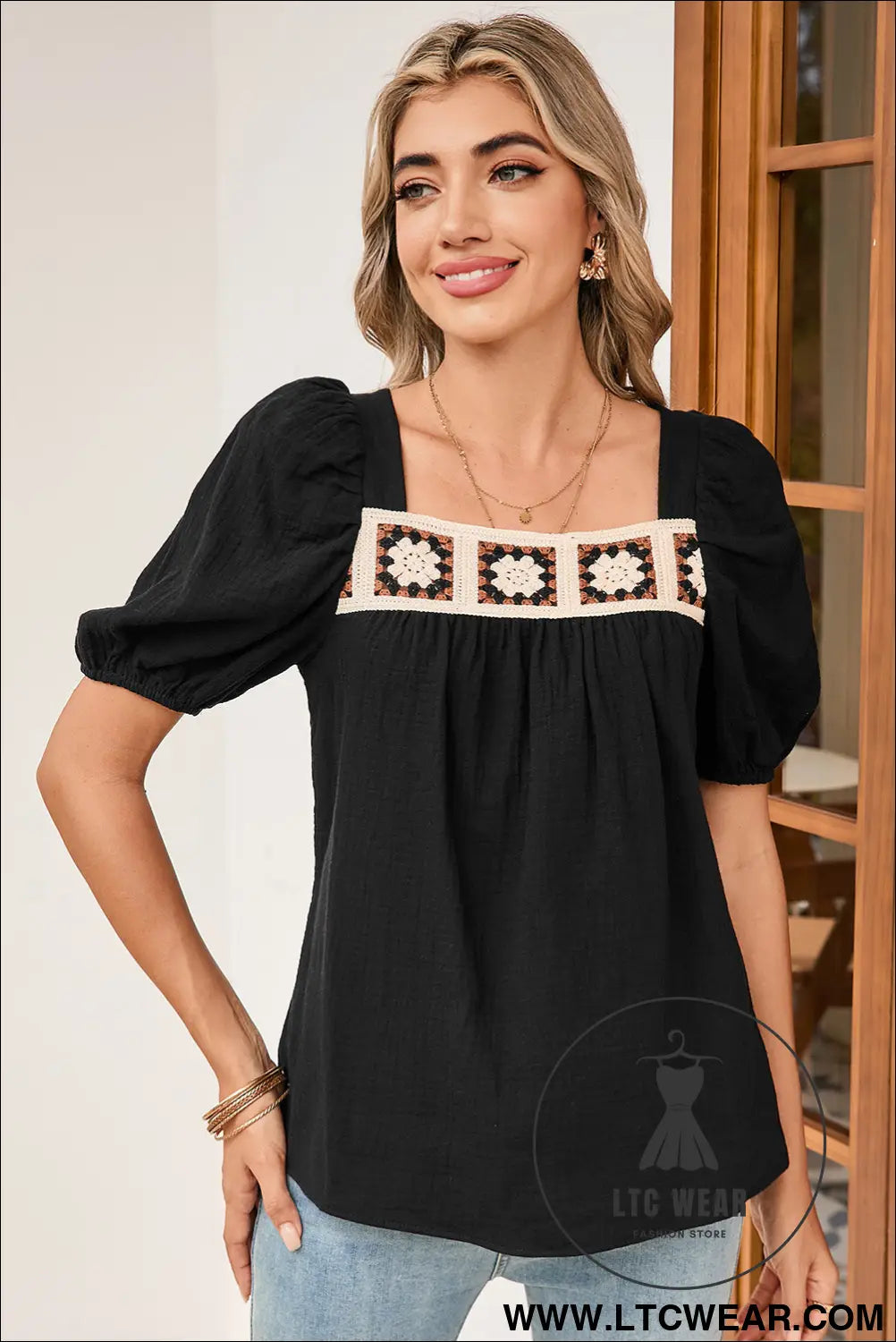 Black crochet square neck crinkled blouse - 15%